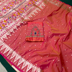 Dual Tone Pestal Orange Colour Muniya Paithani With Work Blouse