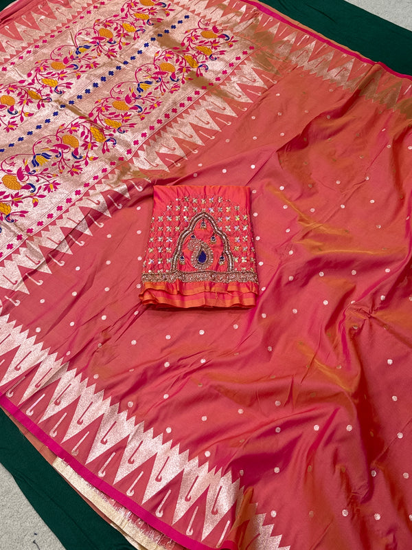 Dual Tone Pestal Orange Colour Muniya Paithani With Work Blouse