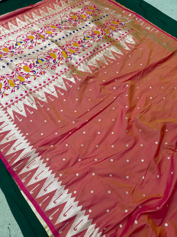 Dual Tone Pestal Orange Colour Muniya Paithani With Work Blouse