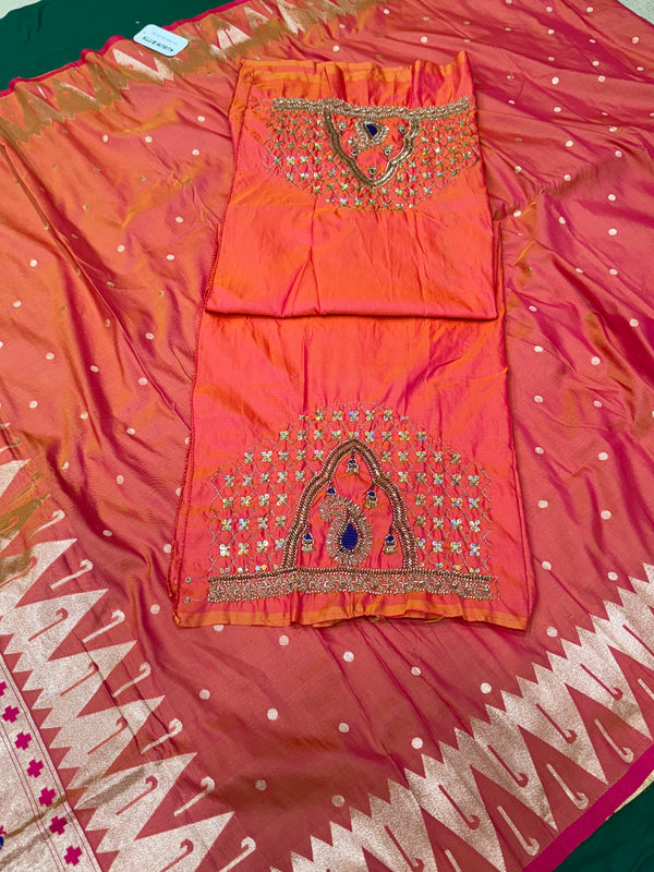 Dual Tone Pestal Orange Colour Muniya Paithani With Work Blouse