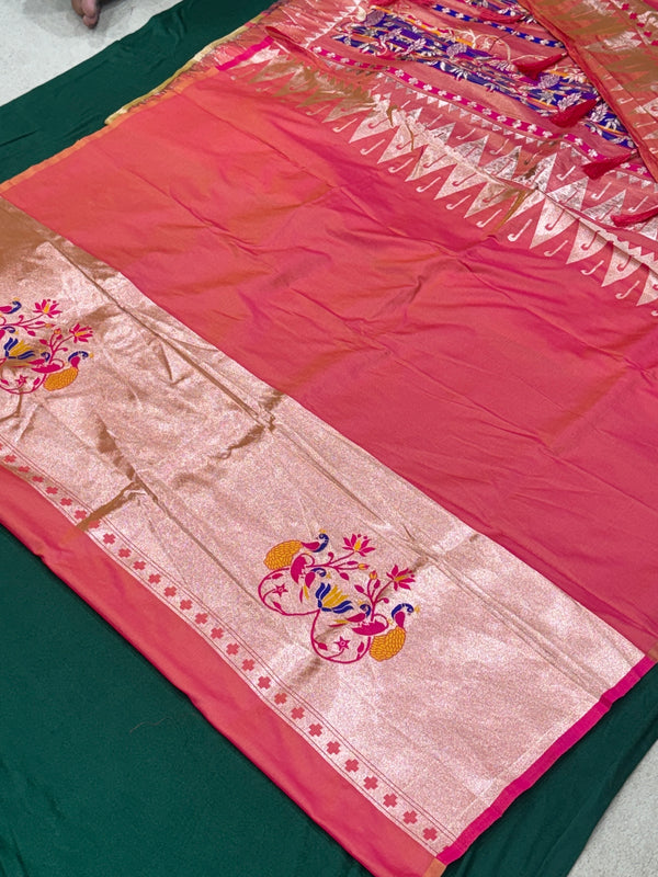 Dual Tone Pestal Orange Colour Muniya Paithani With Work Blouse