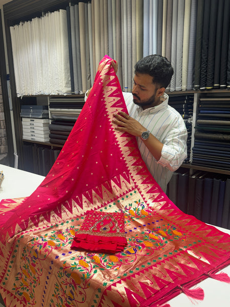 Hot Pink Colour Muniya Paithani With Work Blouse