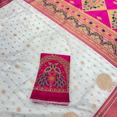 Soft Silk White Special Paithani With Contrast Pink Aari Work Blouse