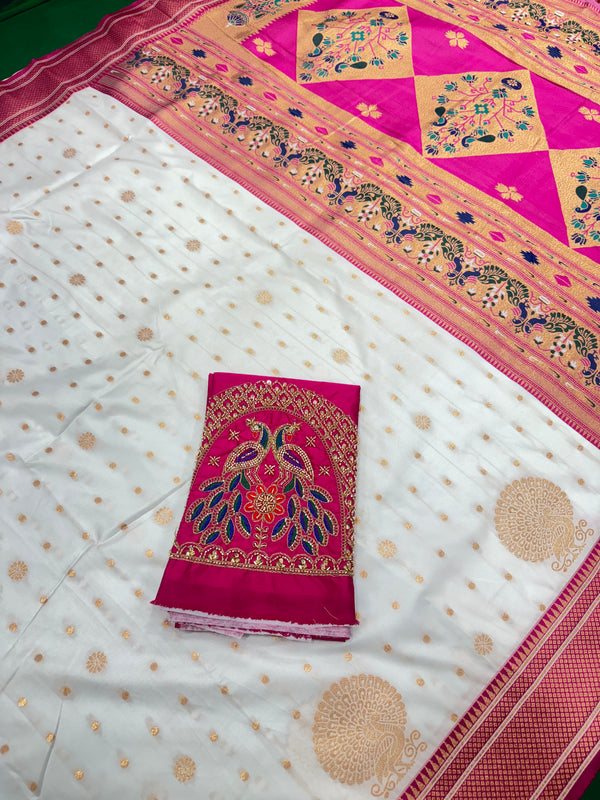 Soft Silk White Special Paithani With Contrast Pink Aari Work Blouse