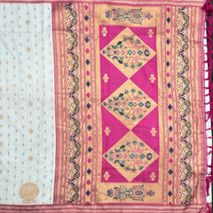 Soft Silk White Special Paithani With Contrast Pink Aari Work Blouse