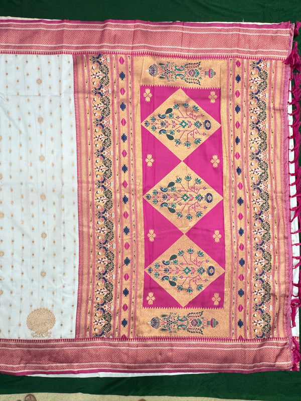 Soft Silk White Special Paithani With Contrast Pink Aari Work Blouse