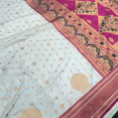 Soft Silk White Special Paithani With Contrast Pink Aari Work Blouse