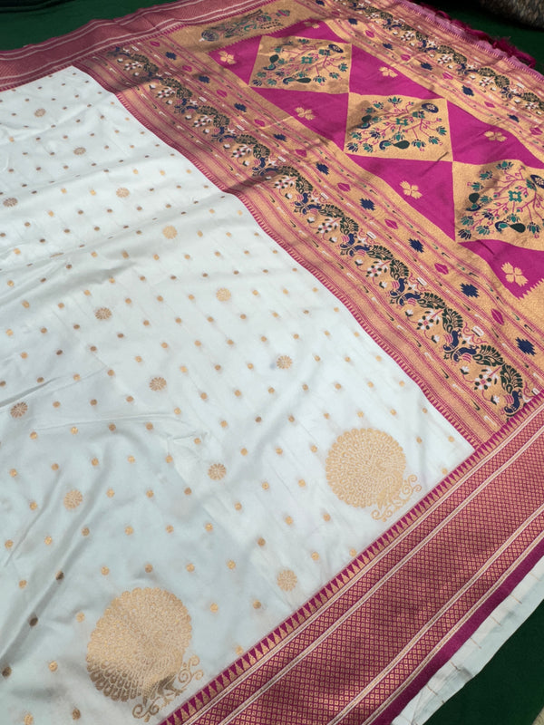 Soft Silk White Special Paithani With Contrast Pink Aari Work Blouse