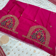 Soft Silk White Special Paithani With Contrast Pink Aari Work Blouse