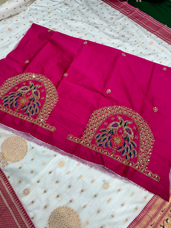 Soft Silk White Special Paithani With Contrast Pink Aari Work Blouse