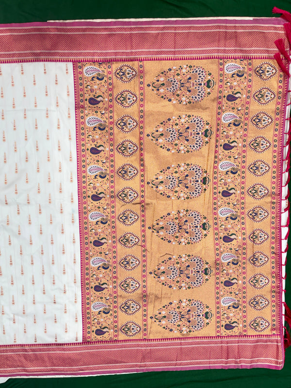 Soft Silk White Special Paithani With Contrast Pink Aari Work Blouse