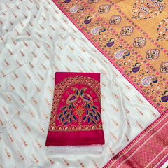 Soft Silk White Special Paithani With Contrast Pink Aari Work Blouse