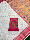 Soft Silk White Special Paithani With Contrast Pink Aari Work Blouse