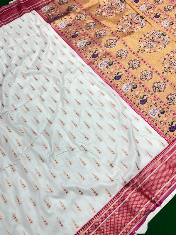Soft Silk White Special Paithani With Contrast Pink Aari Work Blouse
