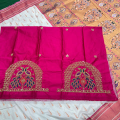 Soft Silk White Special Paithani With Contrast Pink Aari Work Blouse