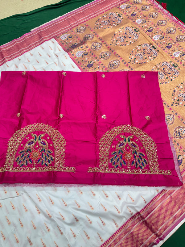 Soft Silk White Special Paithani With Contrast Pink Aari Work Blouse