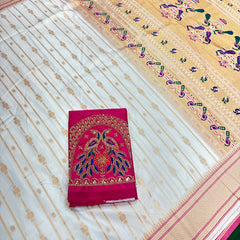 Soft Silk White Special Paithani With Contrast Pink Aari Work Blouse
