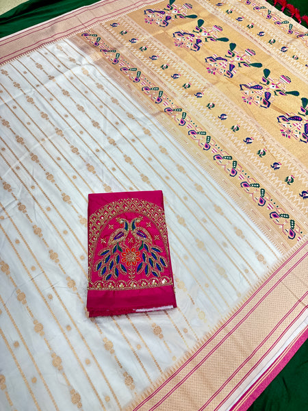 Soft Silk White Special Paithani With Contrast Pink Aari Work Blouse