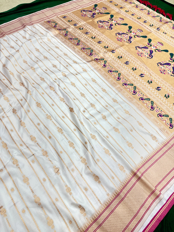 Soft Silk White Special Paithani With Contrast Pink Aari Work Blouse