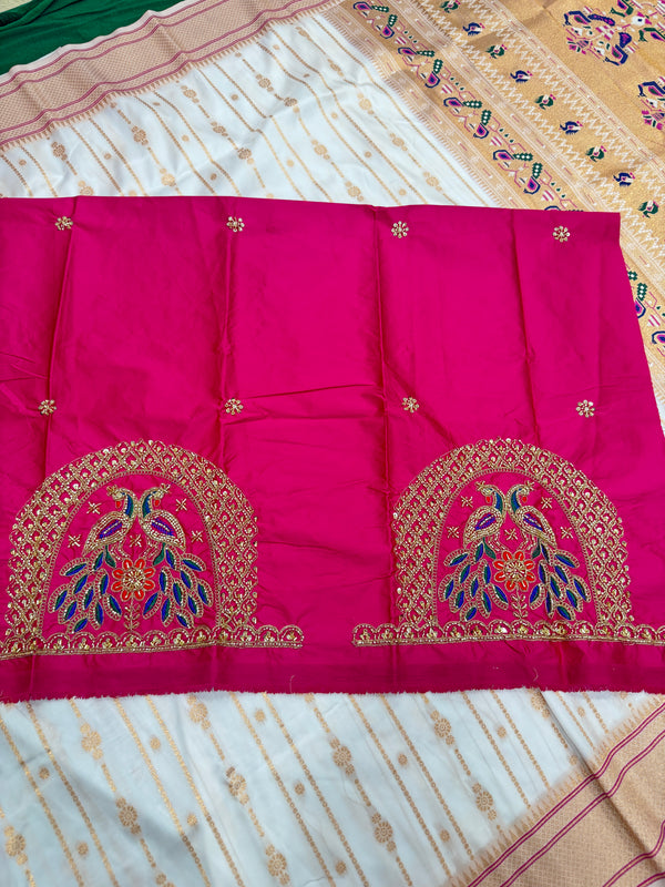 Soft Silk White Special Paithani With Contrast Pink Aari Work Blouse