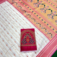 Soft Silk White Special Paithani With Contrast Pink Aari Work Blouse