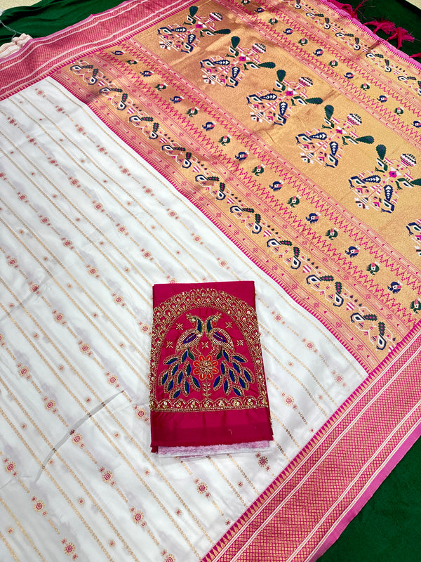 Soft Silk White Special Paithani With Contrast Pink Aari Work Blouse