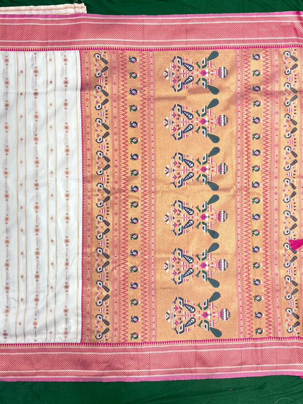 Soft Silk White Special Paithani With Contrast Pink Aari Work Blouse