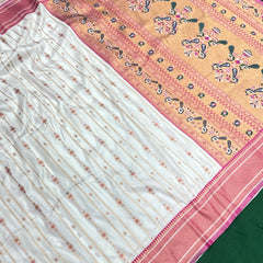 Soft Silk White Special Paithani With Contrast Pink Aari Work Blouse
