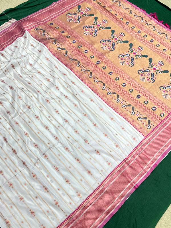 Soft Silk White Special Paithani With Contrast Pink Aari Work Blouse