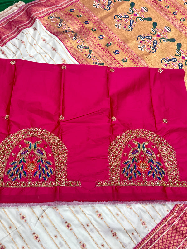 Soft Silk White Special Paithani With Contrast Pink Aari Work Blouse
