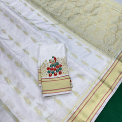 White Colour Saree With Golden Border & Work Blouse