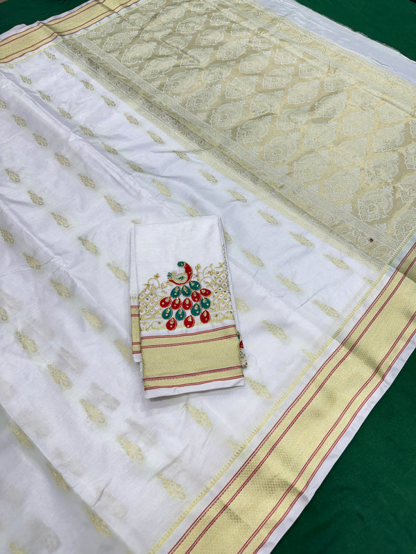 White Colour Saree With Golden Border & Work Blouse