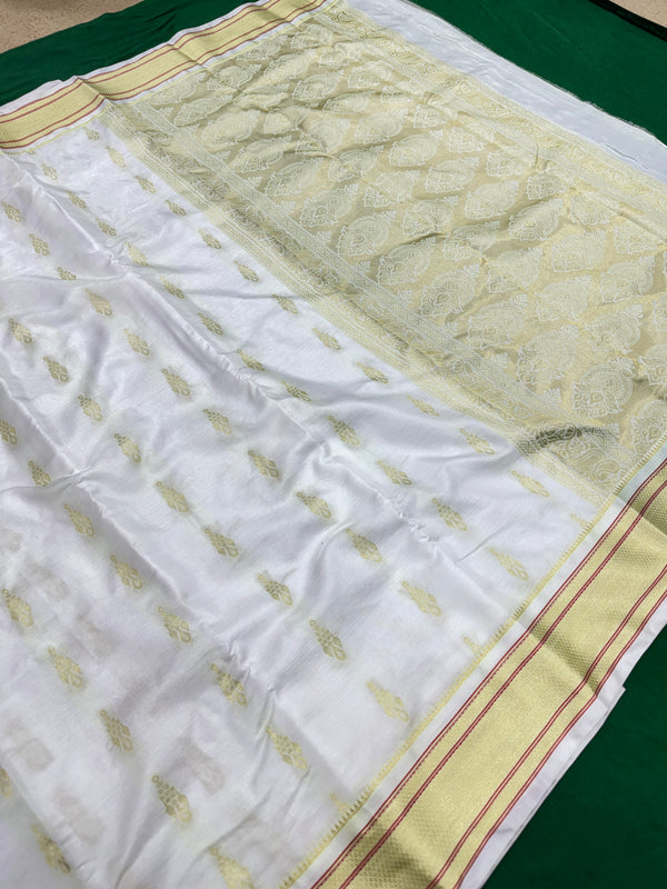 White Colour Saree With Golden Border & Work Blouse