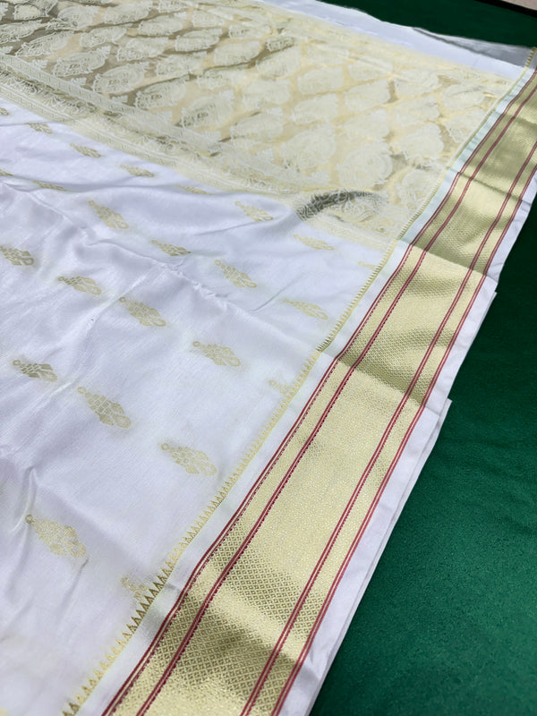 White Colour Saree With Golden Border & Work Blouse