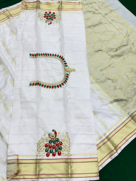White Colour Saree With Golden Border & Work Blouse