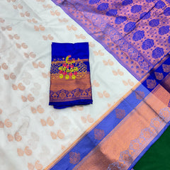 White Colour Saree With Contrast Blue Border & Work Blouse
