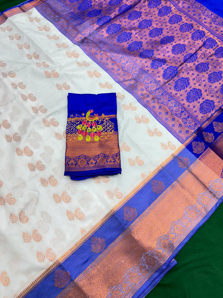 White Colour Saree With Contrast Blue Border & Work Blouse