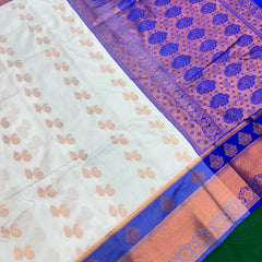 White Colour Saree With Contrast Blue Border & Work Blouse