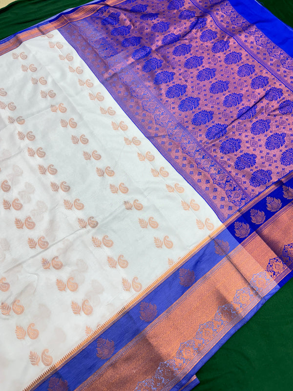 White Colour Saree With Contrast Blue Border & Work Blouse