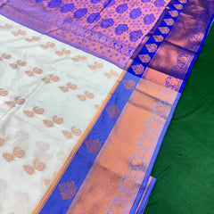 White Colour Saree With Contrast Blue Border & Work Blouse