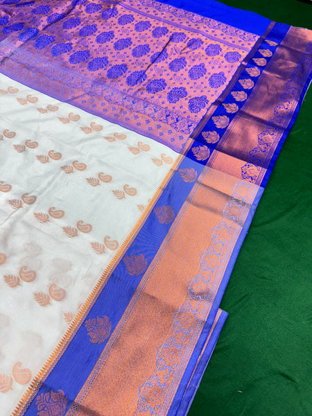White Colour Saree With Contrast Blue Border & Work Blouse