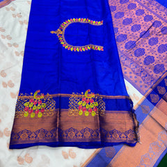 White Colour Saree With Contrast Blue Border & Work Blouse