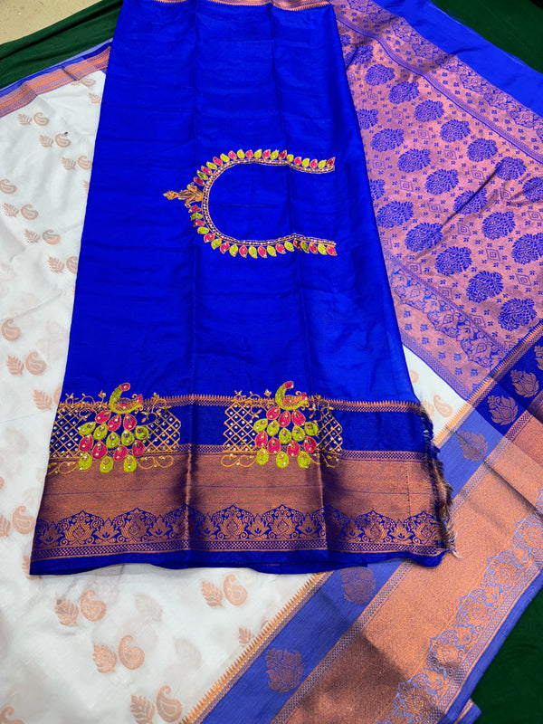 White Colour Saree With Contrast Blue Border & Work Blouse