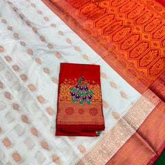 White Colour Saree With Contrast Red Border & Work Blouse