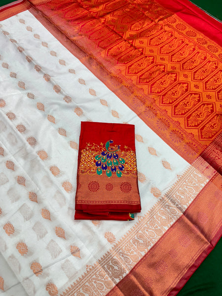 White Colour Saree With Contrast Red Border & Work Blouse