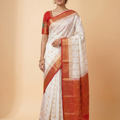 White Colour Saree With Contrast Red Border & Work Blouse