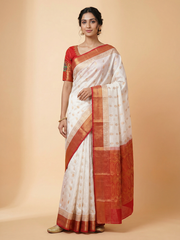 White Colour Saree With Contrast Red Border & Work Blouse