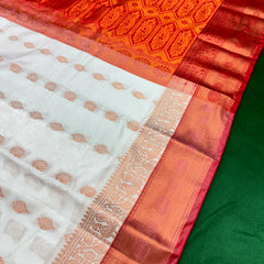 White Colour Saree With Contrast Red Border & Work Blouse