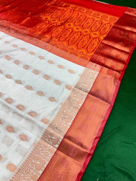 White Colour Saree With Contrast Red Border & Work Blouse