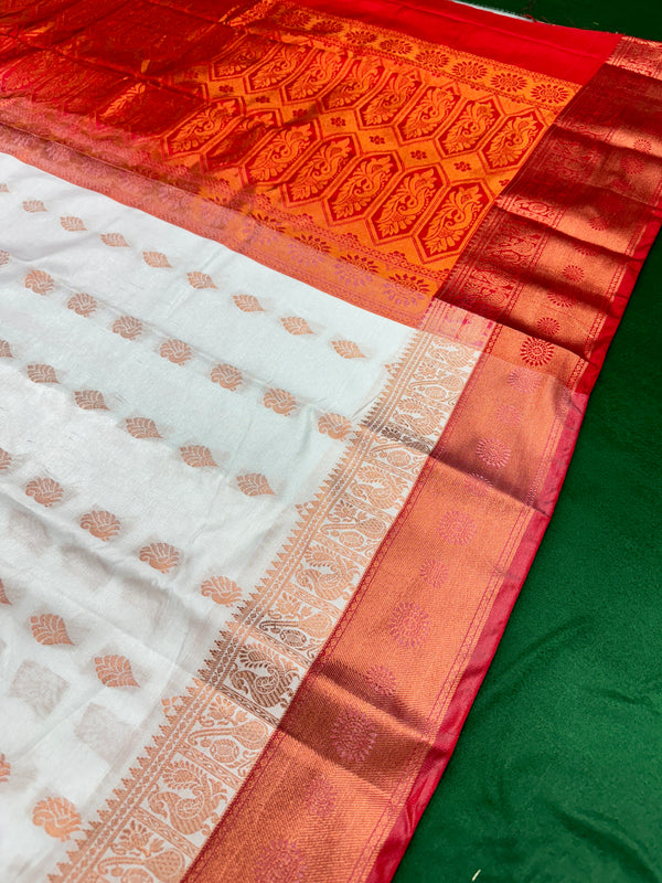 White Colour Saree With Contrast Red Border & Work Blouse